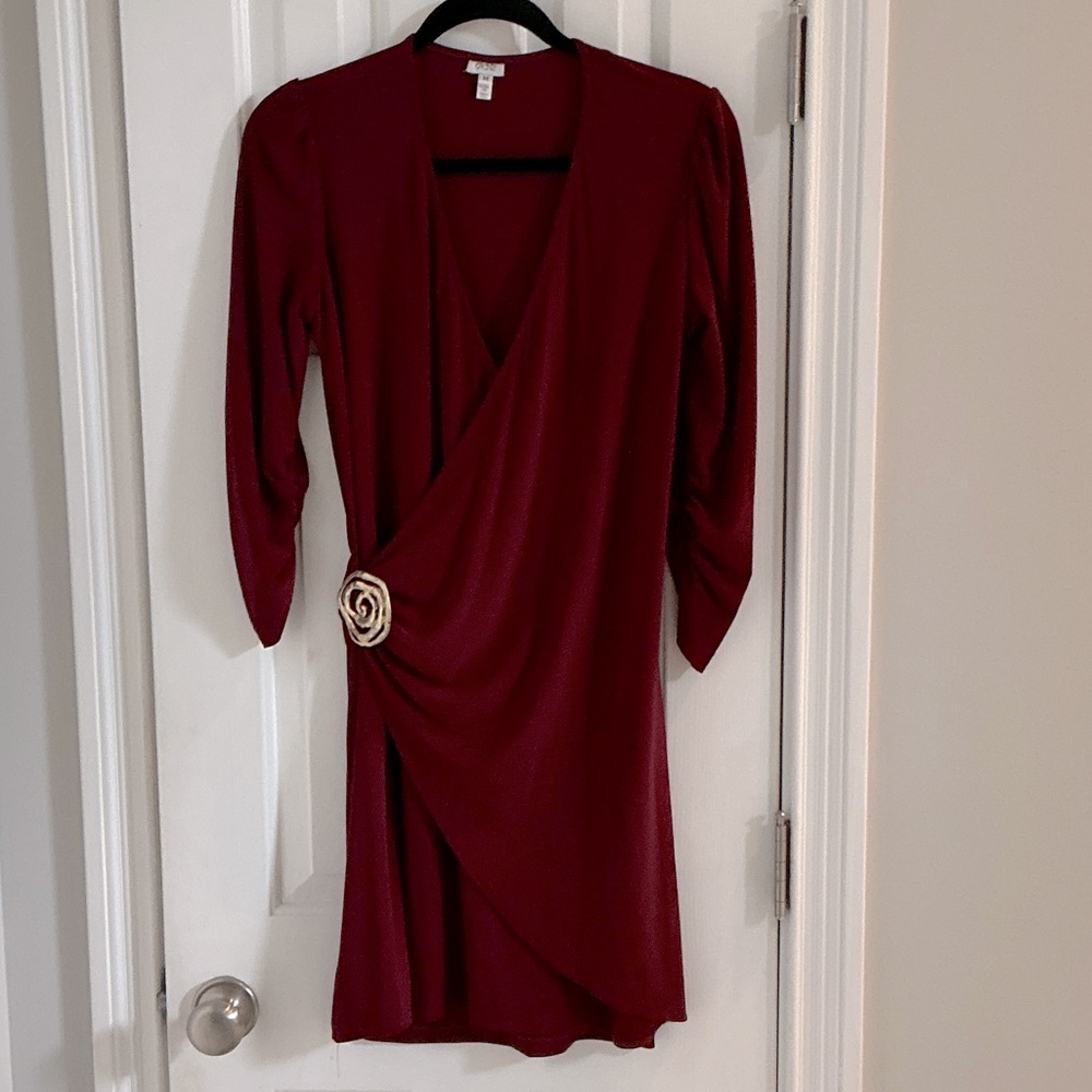 Cache Deep Wine Wrap Dress with Gold Rose Accent
